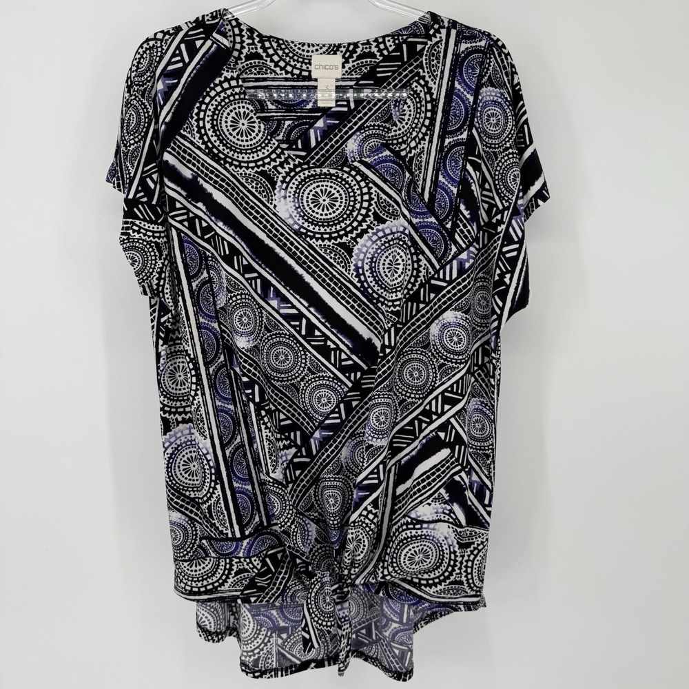 Chico's Short Sleeve Blouse Front Tie Size 3 Artsy Casual Careerwear Office